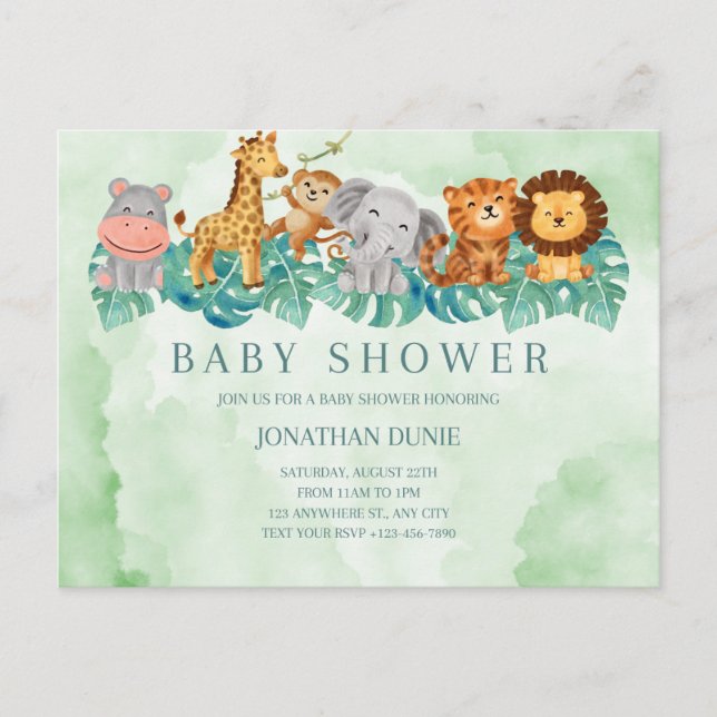 bébé garçon douche invitation animaux mignons (Devant)