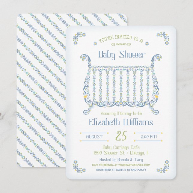Bébé garçon douche Invitation - Lacy Crib - Bleu (Devant / Derrière)