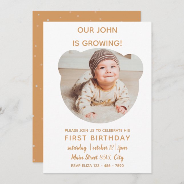 Bébé grandit - Ours Photo Cadre Invitation (Devant / Derrière)