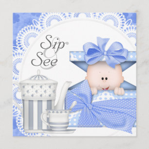 Bébé gris Bleu Sip Et Voir Les Invitations