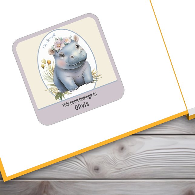 Bébé Hippo mignon J'Aime Lire Sticker Plaque De Li (Baby Hippo Cute I Love To Read Bookplate Sticker. Personalize this sticker for your child.)