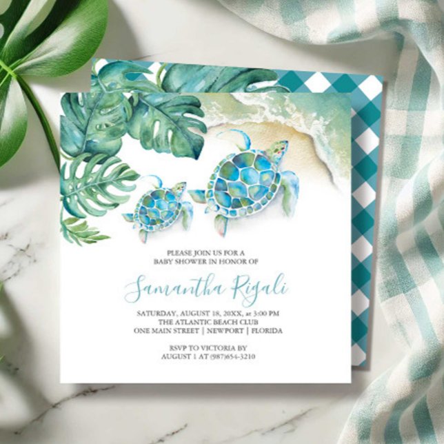 Bébé Invitations de douche Aquarelle tropicale (boy baby shower watercolor sea turtle tropical beach art by Victoria Grigaliunas Do Tell A Belle)