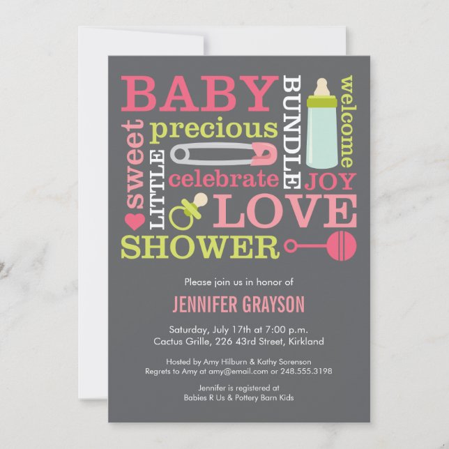 Bébé Jumble Baby shower invitation en rose (Devant)