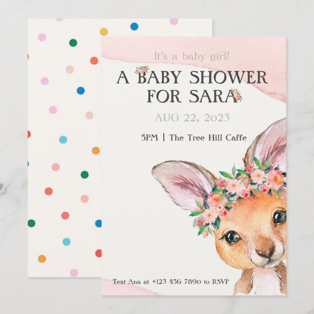 Bébé kangourou invitation au Baby shower (Devant / Derrière)