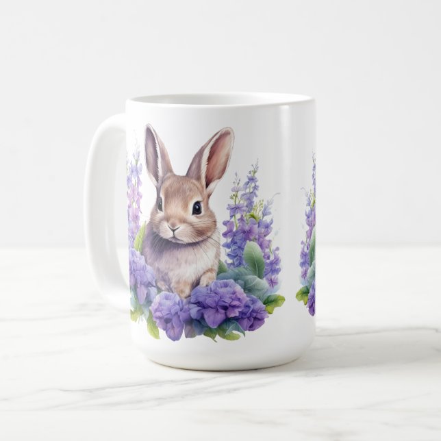 Bébé lapin avec fleurs violettes 15 oz tasse de ca (Devant gauche)