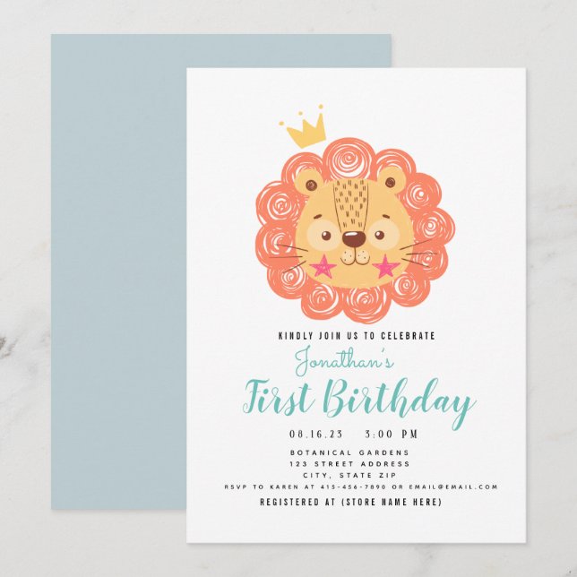 BÉBÉ LION Roi du 1er Faire-part d'anniversaire (Devant / Derrière)