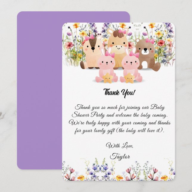 Bébé mignon Animaux et Carte de remerciements Fleu (Devant / Derrière)