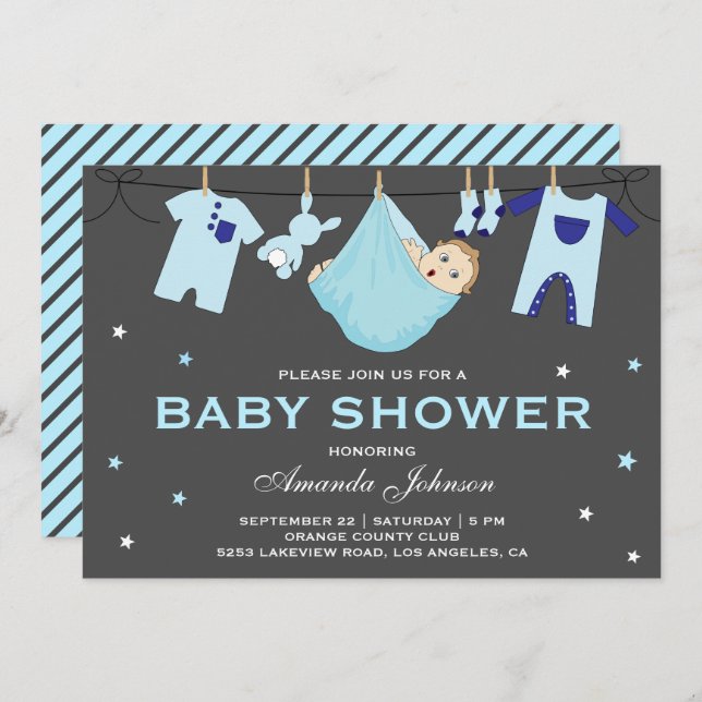 Bébé mignon Clothesline Baby shower Invitation (Devant / Derrière)