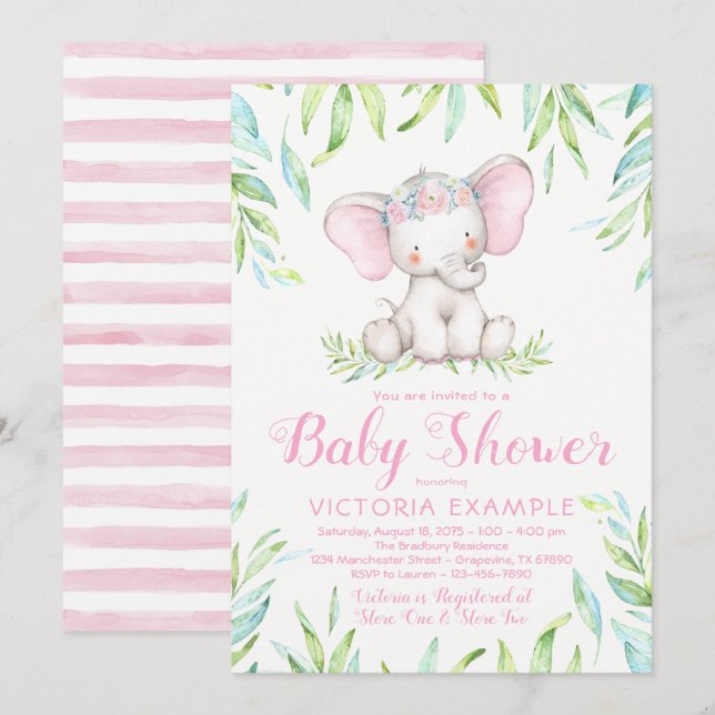 Bébé mignon fille éléphant bébé douche Invitations (Devant / Derrière)