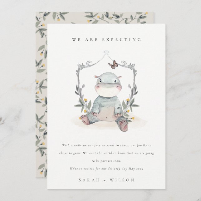 Bébé mignon Hippo Foliage Balloon Bébé Faire-part (Devant / Derrière)
