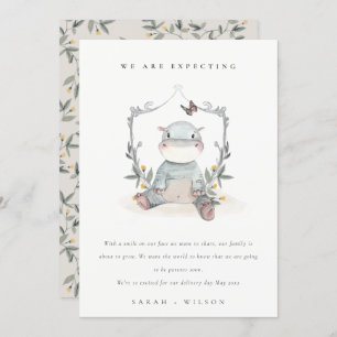 Bébé mignon Hippo Foliage Balloon Bébé Faire-part