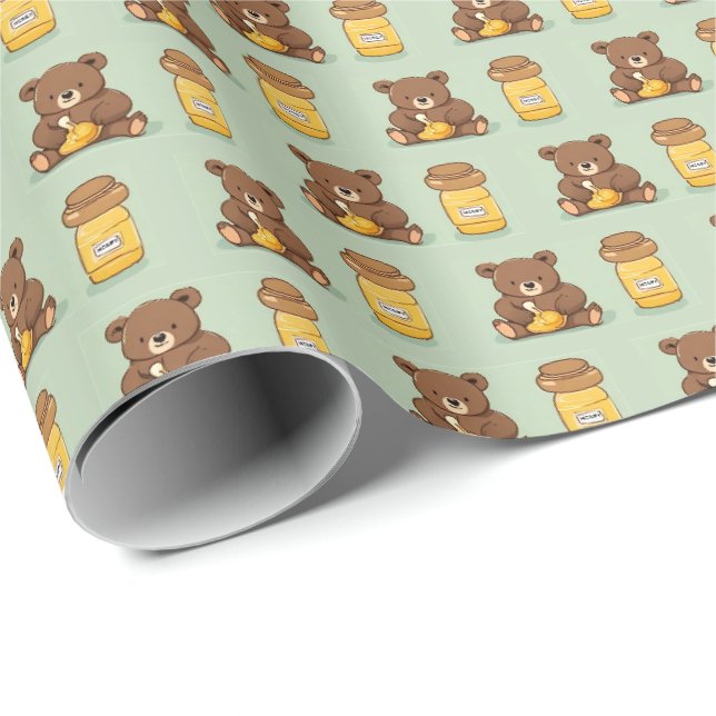 Bébé mignon Ours Manger Miel Papier cadeau (Coin rond)