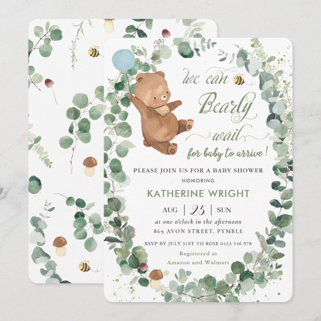 Bébé mignon Ours vert Boy Baby shower Invitation (Devant / Derrière)
