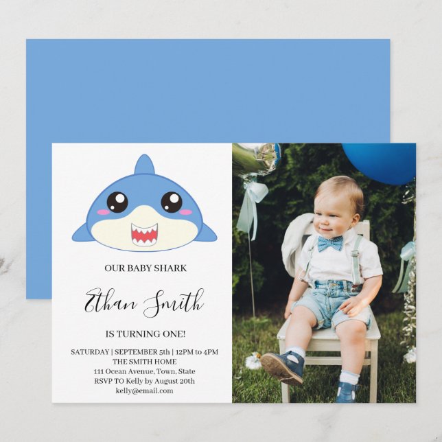 Bébé mignon requin Anniversaire Photo Invitation (Devant / Derrière)