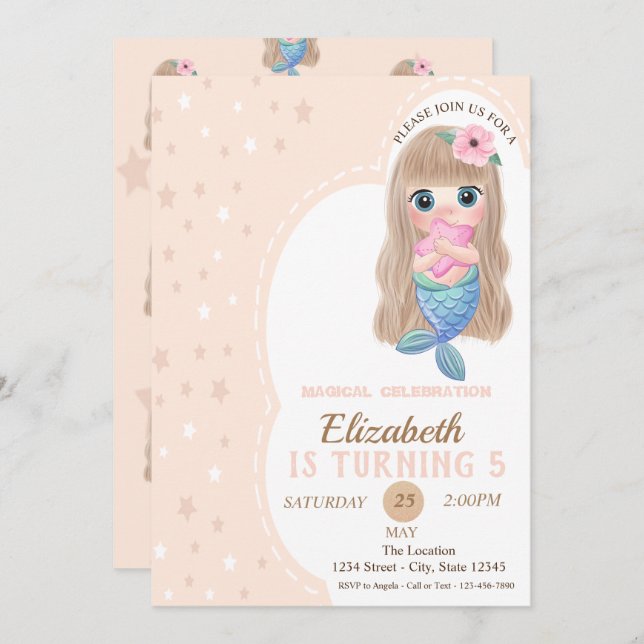 Bébé mignon sirène étoiles Anniversaire Invitation (Devant / Derrière)