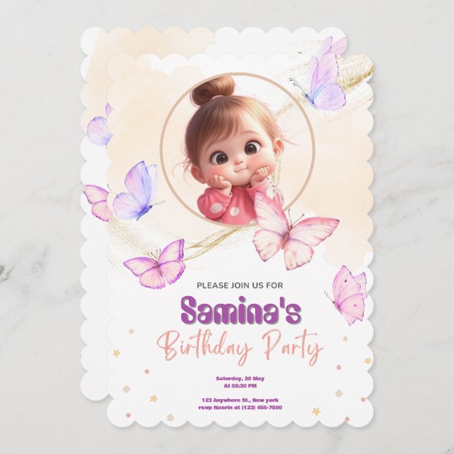 Bébé mignonne Fille Anniversaire Invitation avec r (Devant / Derrière)