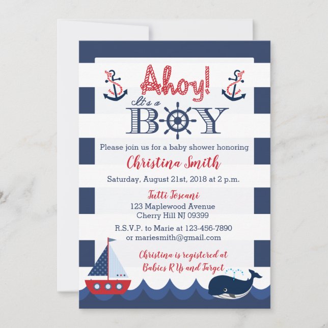 Bébé Nautique Douche Invitations Garçon (Devant)