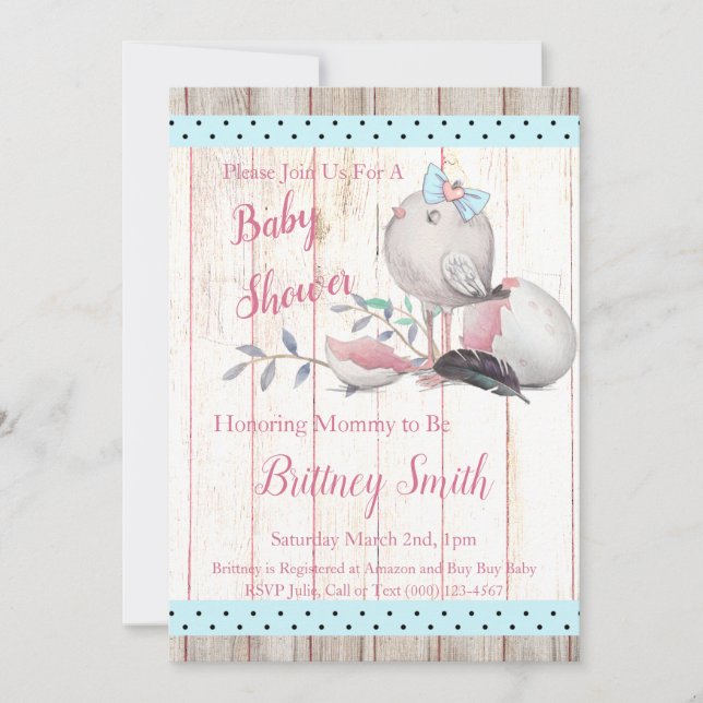 Bébé Oiseau, Invitation à une Baby Shower (Devant)