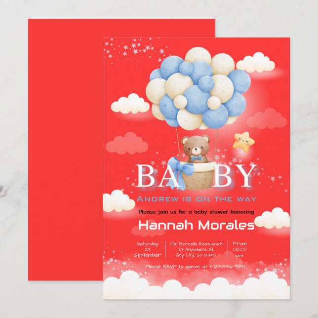 Bébé Ours avec ballons Baby shower Invitation (Devant / Derrière)