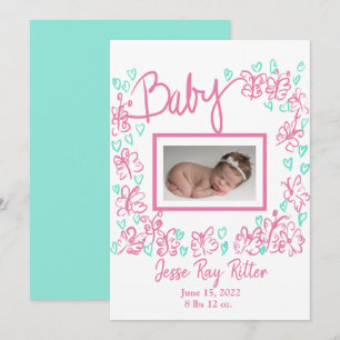 Bébé Papillons roses Aqua Hearts Faire-part