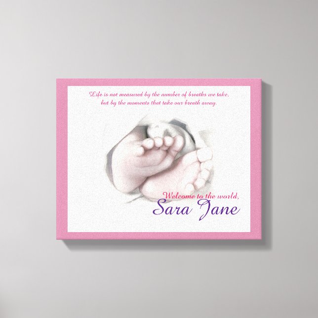 Bébé Pieds dessin artistique "Welcome Baby" toile (Recto)