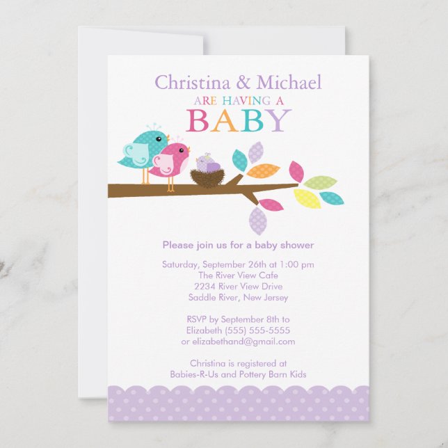 Bébé pourpre Nid d'oiseaux Bébé Invitations de dou (Devant)