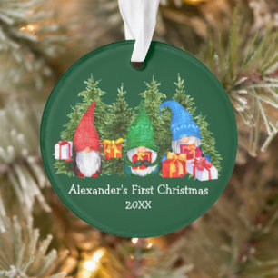 Bébé Premier Noël Aquarelle Gnomes Vert