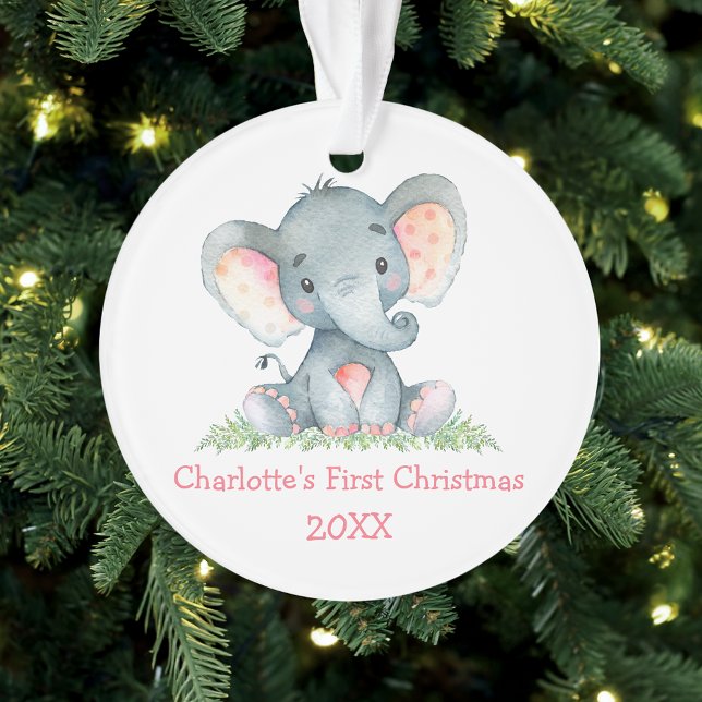 Bébé première aquarelle de Noël Eléphant rose (Customize with name and year.)
