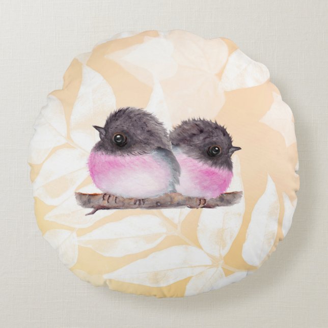 Bébé Robin Rose Oiseaux Coussin rond (Devant)