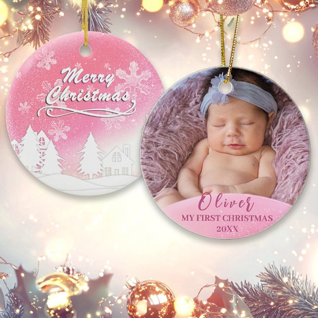 Bébé rose 1er Noël Photo personnalisée (Créateur téléchargé)