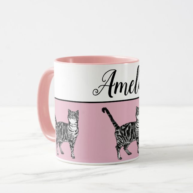 Bébé rose blanc Tabby chat Chats Whimsical Art Mug (Devant gauche)