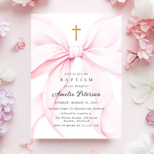 Bébé Rose Bow Girl Baptism Invitation