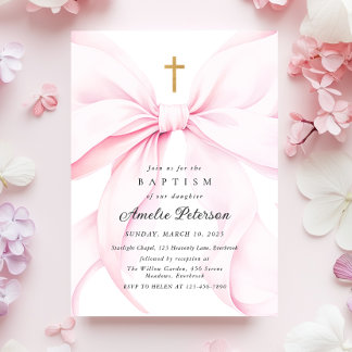 Bébé Rose Bow Girl Baptism Invitation