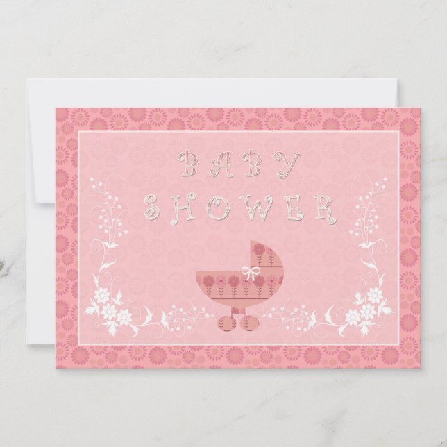 Bébé rose Buggy Bébé Douche Invitations (Devant)