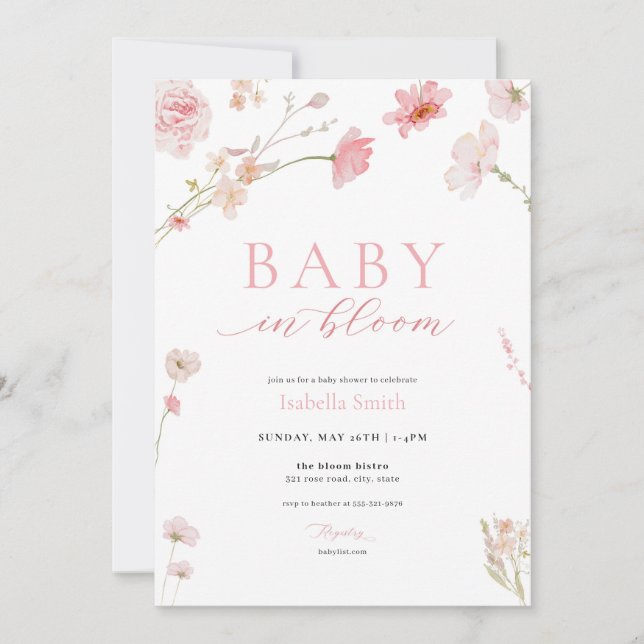 Bébé rose en fleur Baby shower Invitation (Devant)