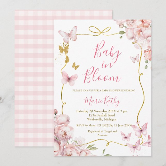 Bébé rose en fleurs Invitation florale (Devant / Derrière)