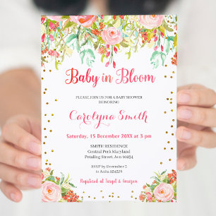Bébé rose et or en fleur Baby shower Invitation