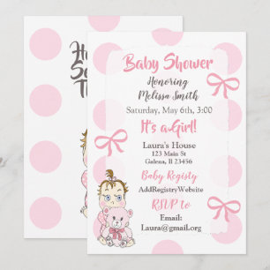 Bébé rose fille avec Teddy Bear Shower Invitation