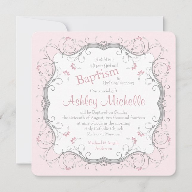 Bébé rose Gris Parchemin Floral Baptême Invitation (Devant)