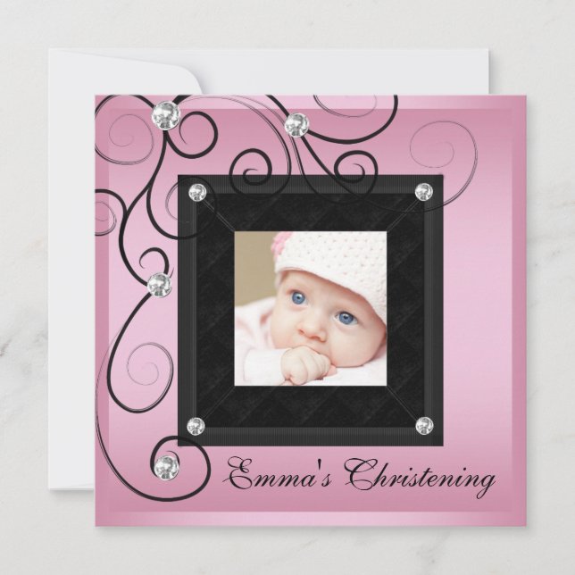 Bébé rose noir fille photo Christening Invitations (Devant)