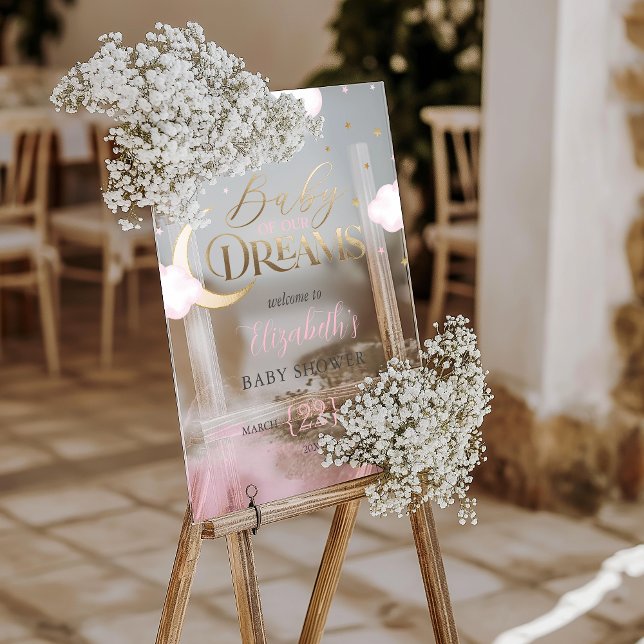 Bébé rose or de notre Baby shower de rêves Bienven (Pink Gold Baby of our Dreams Baby Shower Welcome Acrylic Sign)