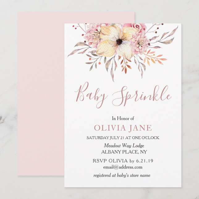 Bébé Saupoudrer Baby shower Floral Invitation rose (Devant / Derrière)