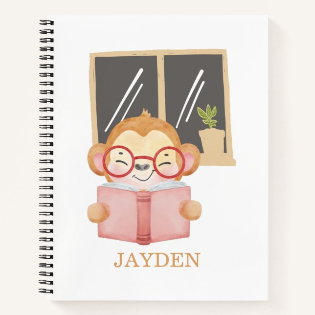 Bébé Singe Mignon Lisant un Livre Nuit Nom Enfants (Devant)