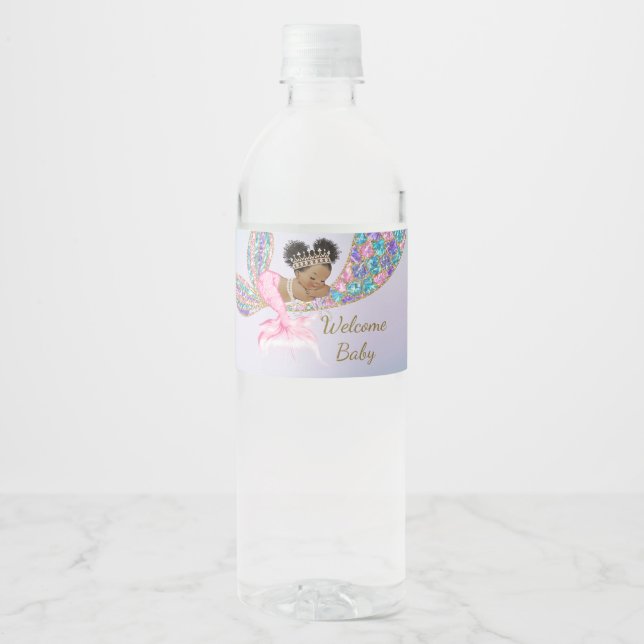 Bébé Sirène douche Étiquette d'eau, afro-américain (Devant)
