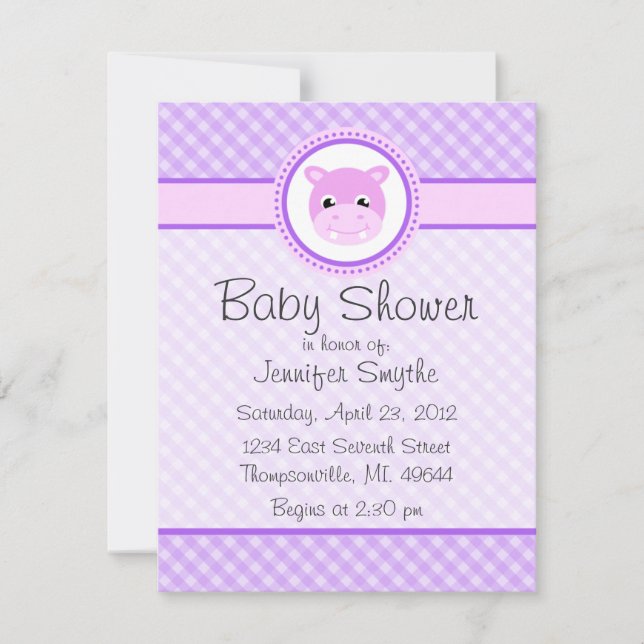 Bébé sucré Hippo Purple Invitation à la douche pou (Devant)