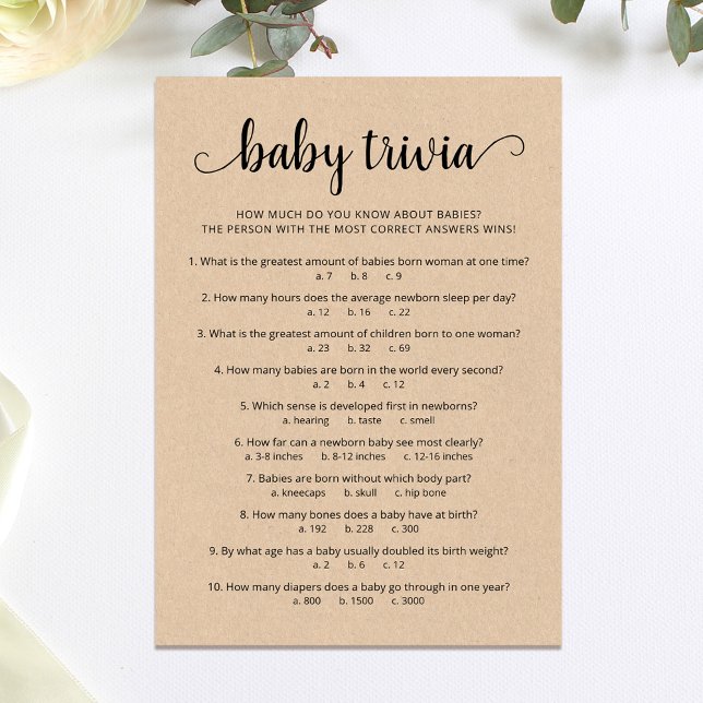Bébé Trivia Jeu avec Réponses Carte Baby shower (Créateur téléchargé)