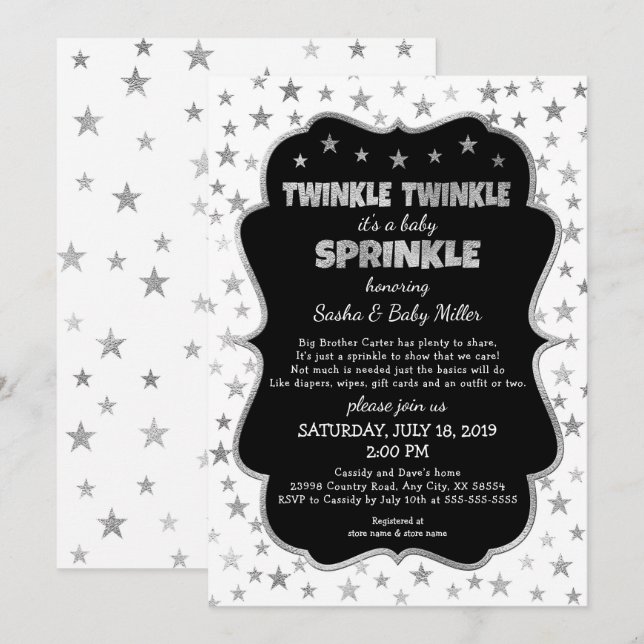 Bébé Twinkle Saupoudrer les invitations en argent  (Devant / Derrière)