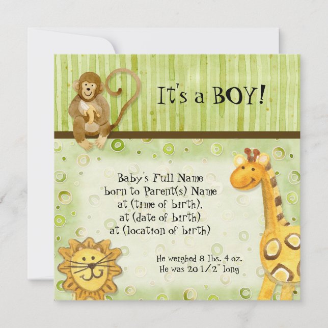 Bébés de la jungle, Faire-part de naissance de gar (Devant)