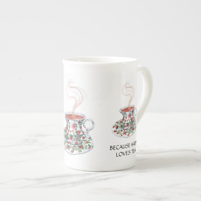 Because happy loves tea slogan, vintage cup roses (Front Right)