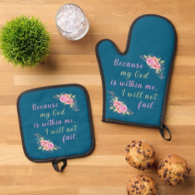 “Because My God Is Within Me" (ocean blue) Oven Mitt & Pot Holder Set (Top Down)